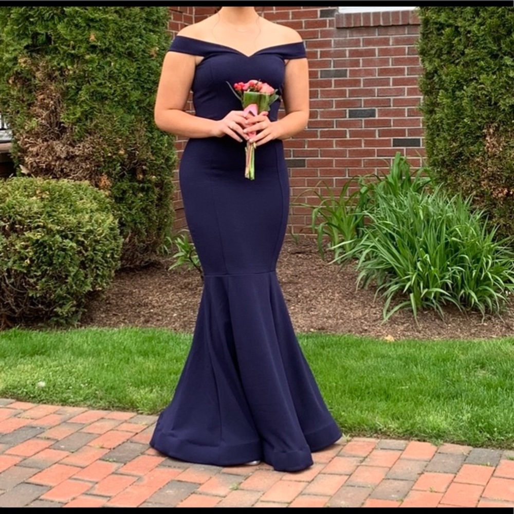 Navy blue off the shoulder prom dress